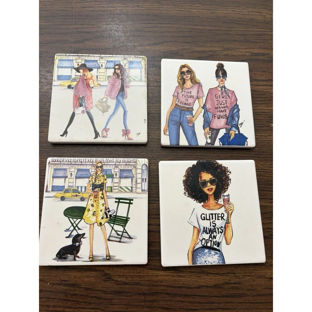 Rongrong DeVoe Fashion Girl Ceramic Coasters Set of 4 Feminist Glam NYC Chic